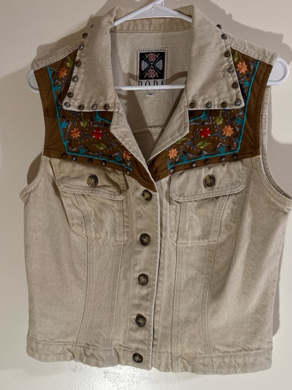 Hairston & Roberson Beige Embroidered Western Denim Vest
